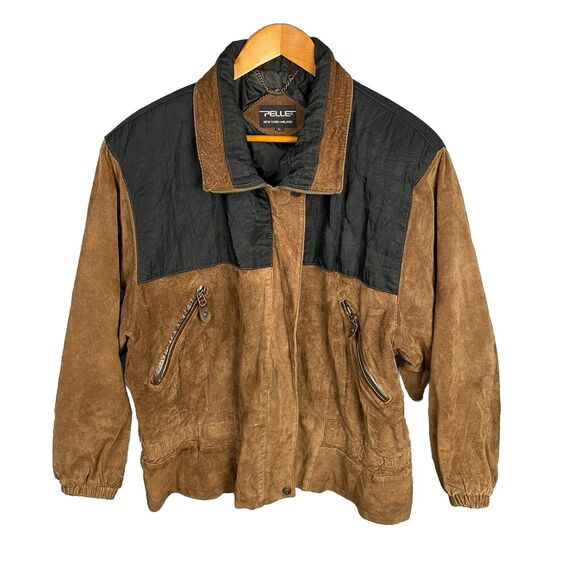 PELLE Other - Vtg Pelle Jacket Mens Large Brown Leather Black Patches Retro Classic Biker